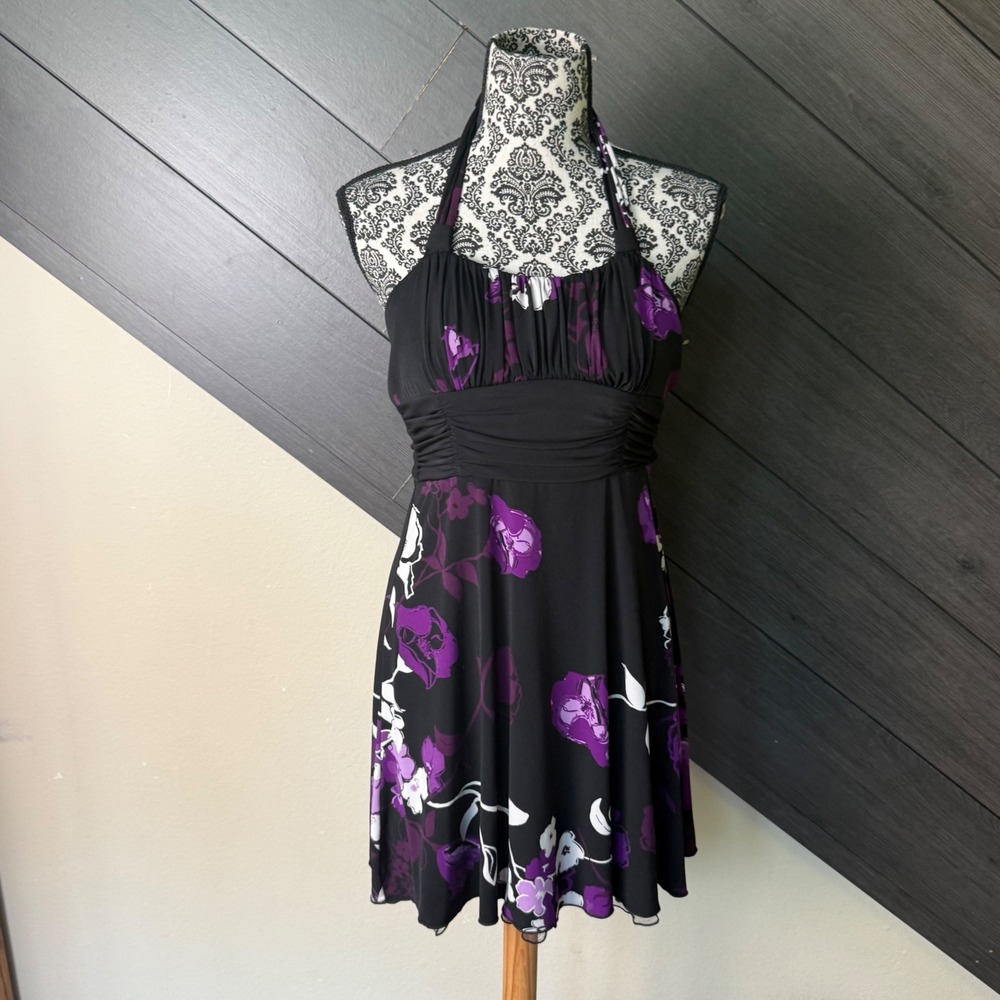 Speechless Women's Floral Halter Mini Dress Size M Black Purple Ruched Y2K